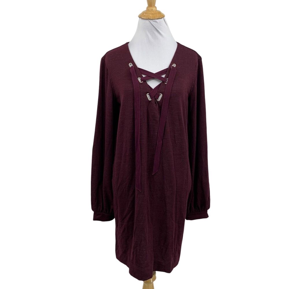 Max Studio Dress Womens S Small Raisin Weekend Lace Up Long Sleeve Knit Pockets